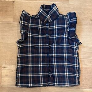 THML Plaid Ruffle Sleeve Puffer Vest Navy/Beige Womens XS